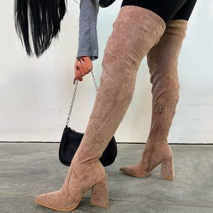NEW🔥 Taupe Pointed Toe Over The Knee Thigh High Boots Triangle Block High Heel